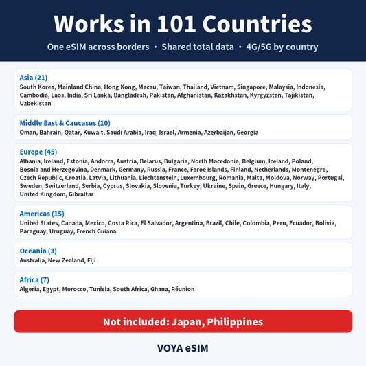 VOYA eSIM Global – 101 covered countries (not included: Japan, Philippines)