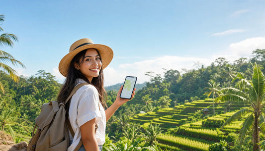 A traveler using a VOYA eSIM at the Bali rice terraces, Indonesia