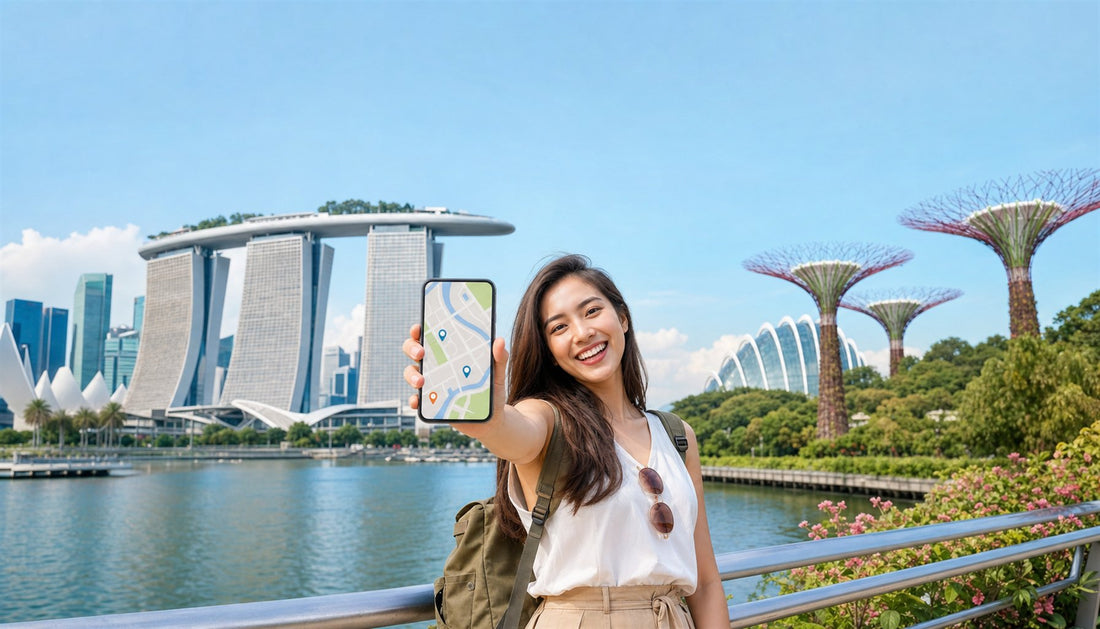 A traveler using a VOYA eSIM with Marina Bay Sands, Singapore