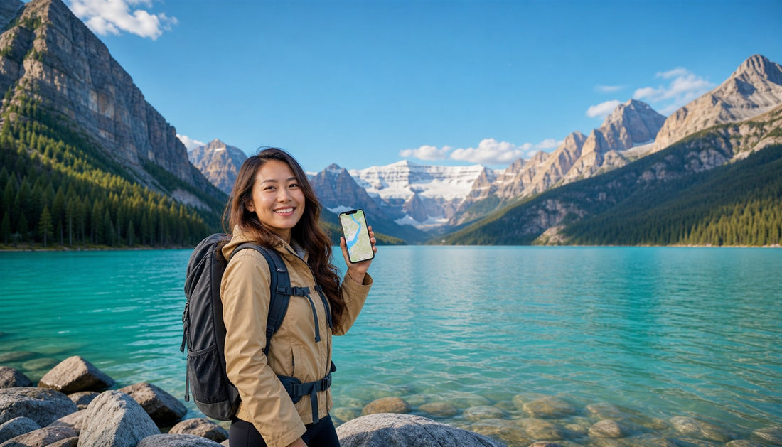A traveler using a VOYA eSIM at Lake Louise, Banff, Canada