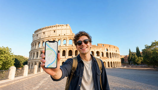 A traveler using a VOYA eSIM with the Colosseum, Rome, Italy