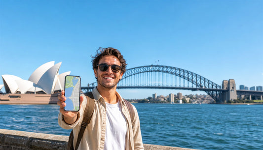 A traveler using a VOYA eSIM with the Sydney Opera House, Australia