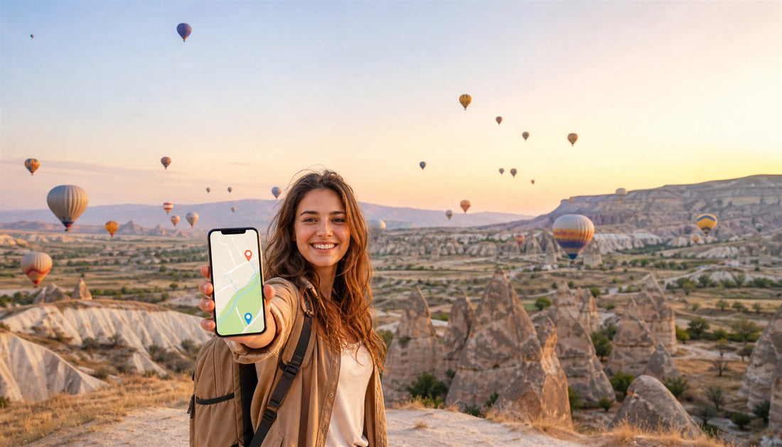 A traveler using a VOYA eSIM with hot-air balloons over Cappadocia, Turkey