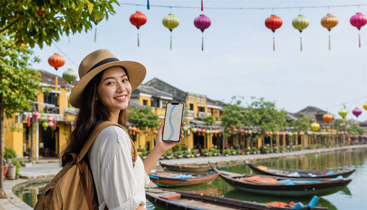 A traveler using a VOYA eSIM in Hoi An, Vietnam