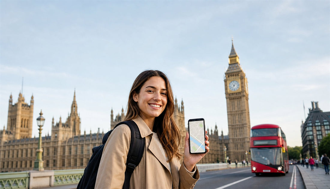 A traveler using a VOYA eSIM with Big Ben, London, UK