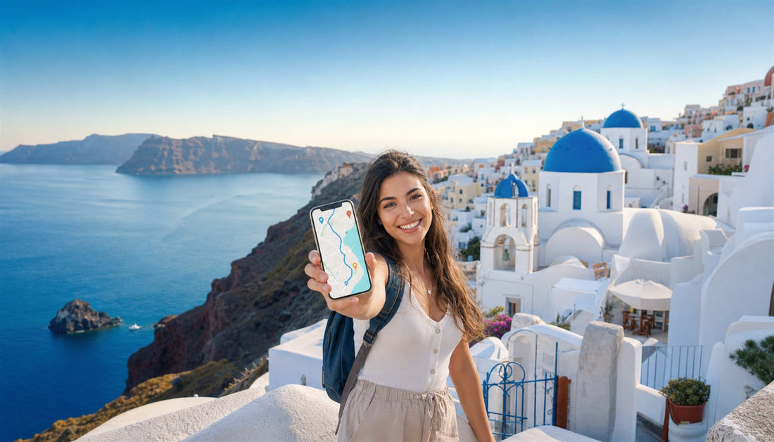 A traveler using a VOYA eSIM in Santorini, Greece