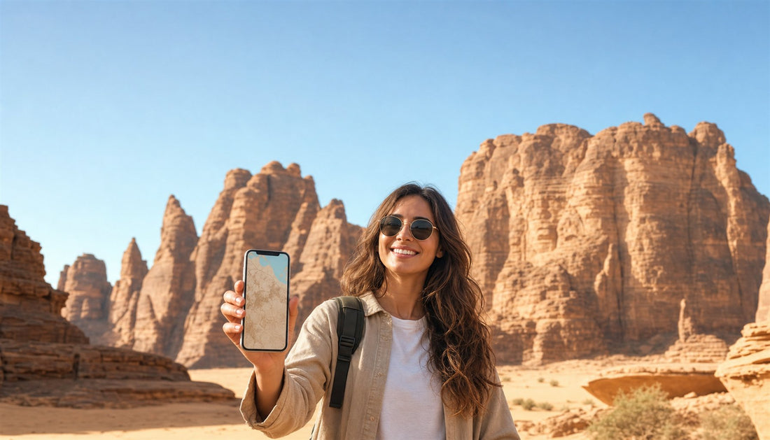 A traveler using a VOYA eSIM with the desert rock formations of AlUla, Saudi Arabia