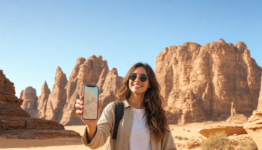 A traveler using a VOYA eSIM with the desert rock formations of AlUla, Saudi Arabia