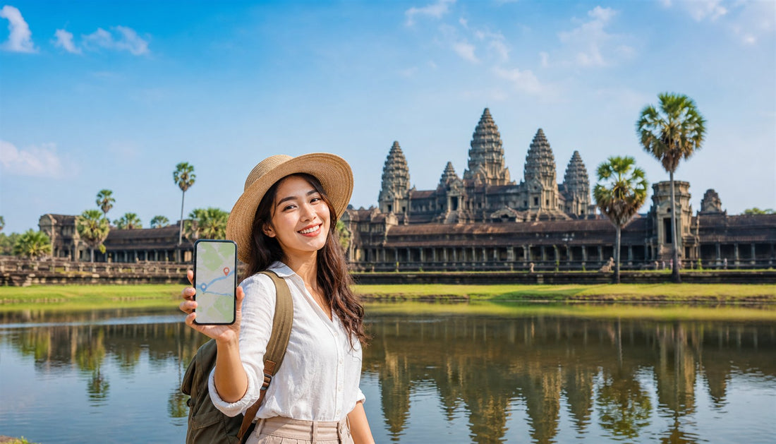 A traveler using a VOYA eSIM at Angkor Wat, Cambodia