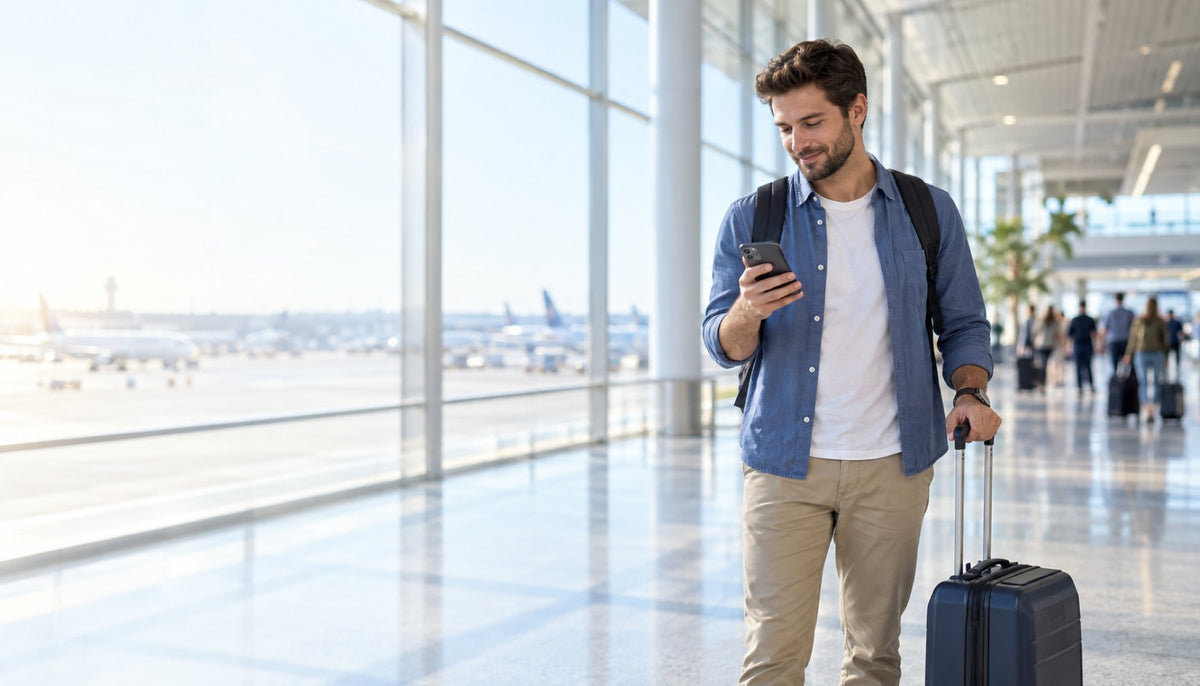 Traveler at an airport checking their phone after landing